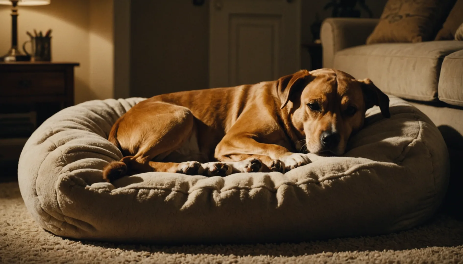 Ein Hund, der friedlich auf einem plüschigen Hundebett in einem sanft beleuchteten Raum schläft.