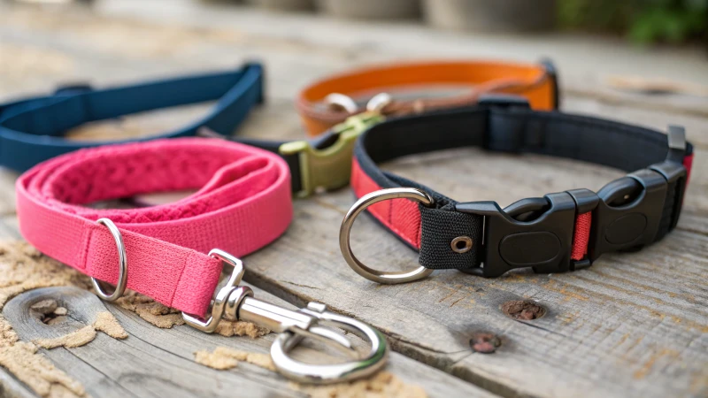 Gros plan de colliers de dressage de chiens colorés sur une surface en bois