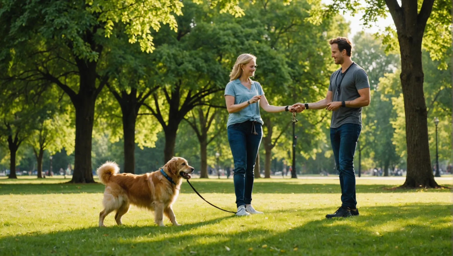 Un adiestrador de perros enseña a caminar sin correa a un golden retriever