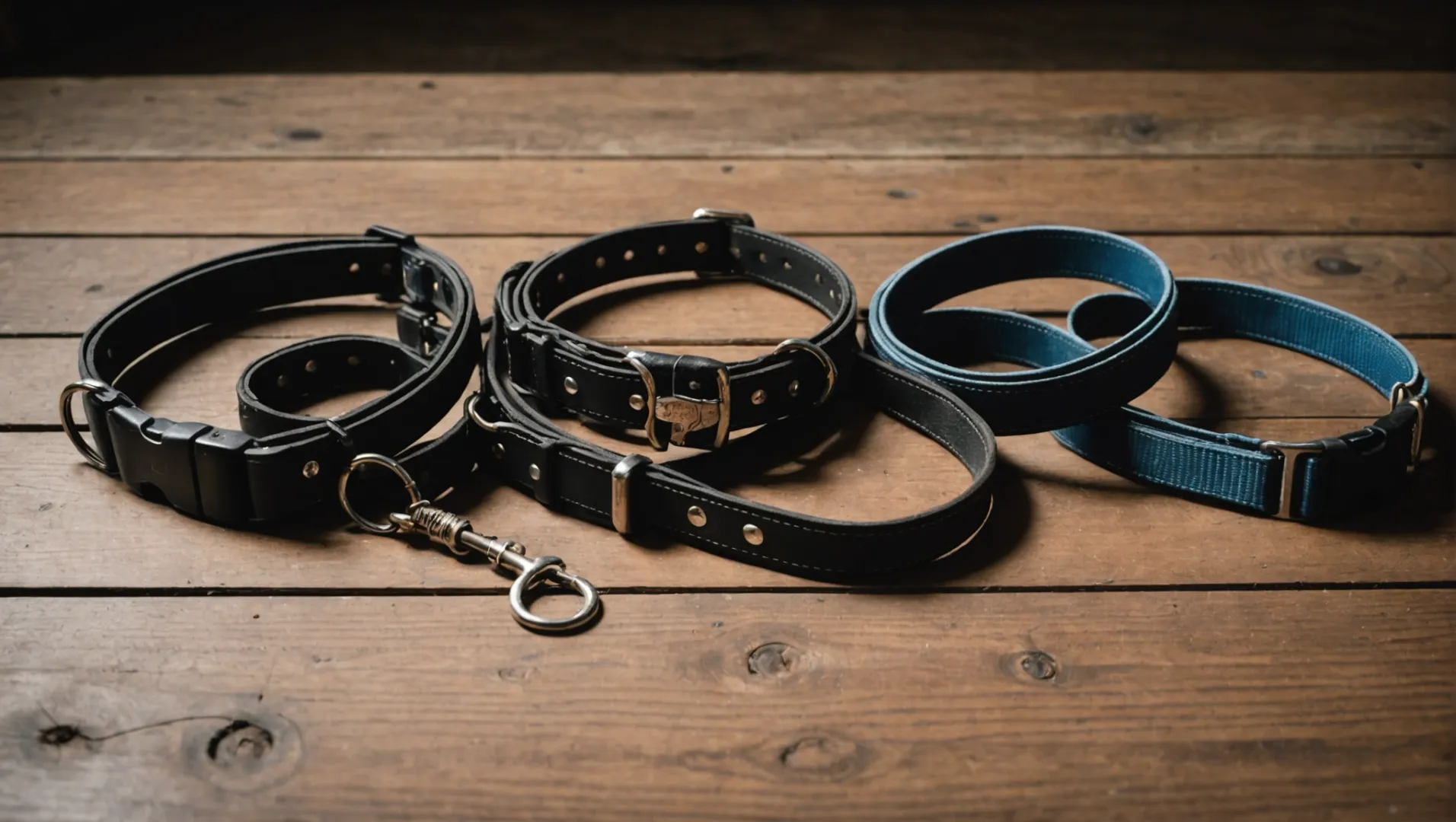 Diversi strumenti per l'addestramento del cane, tra cui collare piatto, cavezza e guinzaglio.