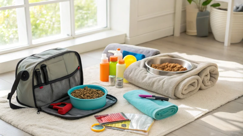 Un kit de voyage bien rangé pour un chien sur une couverture douce