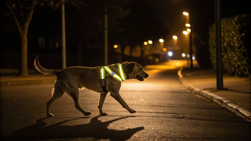 Ein mittelgroßer Hund, der nachts auf einer schwach beleuchteten Straße läuft und ein helles, reflektierendes Halsband trägt.