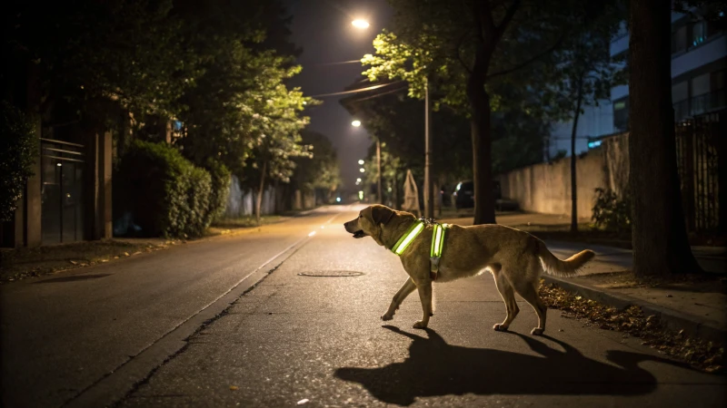 Un chien de taille moyenne avec un collier réfléchissant marchant dans une rue faiblement éclairée la nuit.