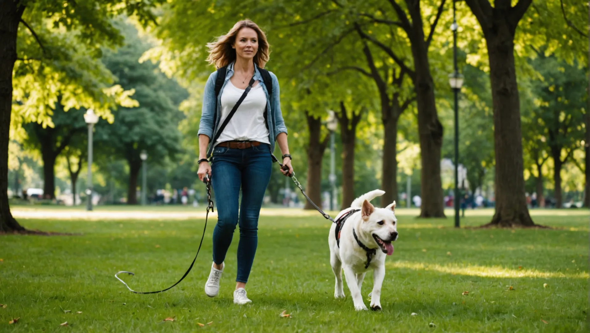 Una mujer pasea a un perro mediano con una correa elástica en un parque