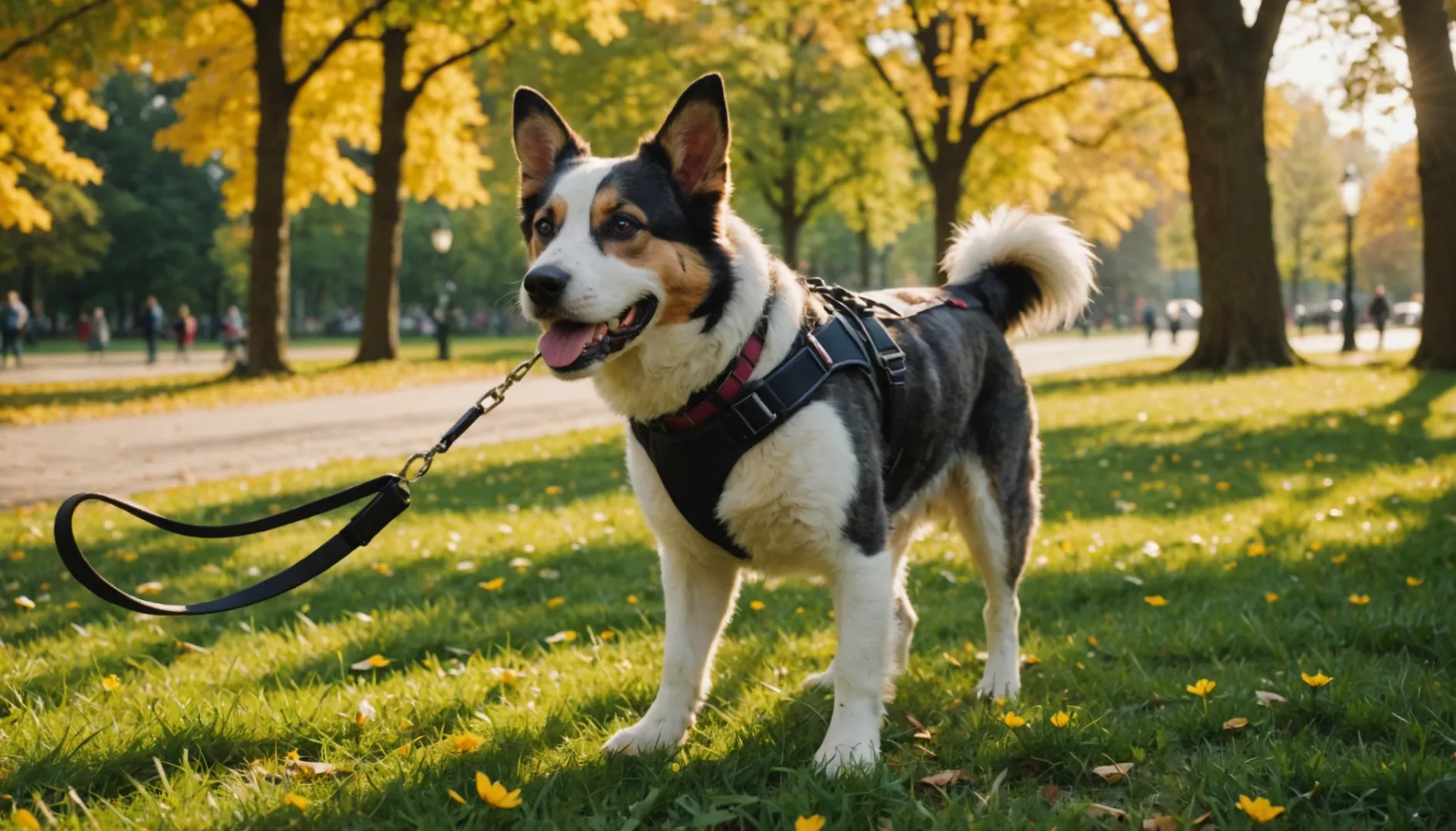 Un perro feliz paseando por un vibrante parque con correa retráctil.