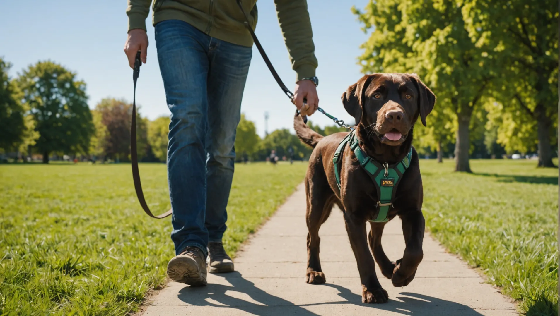 Pasear al perro con un arnés sin tirones y una correa de longitud fija