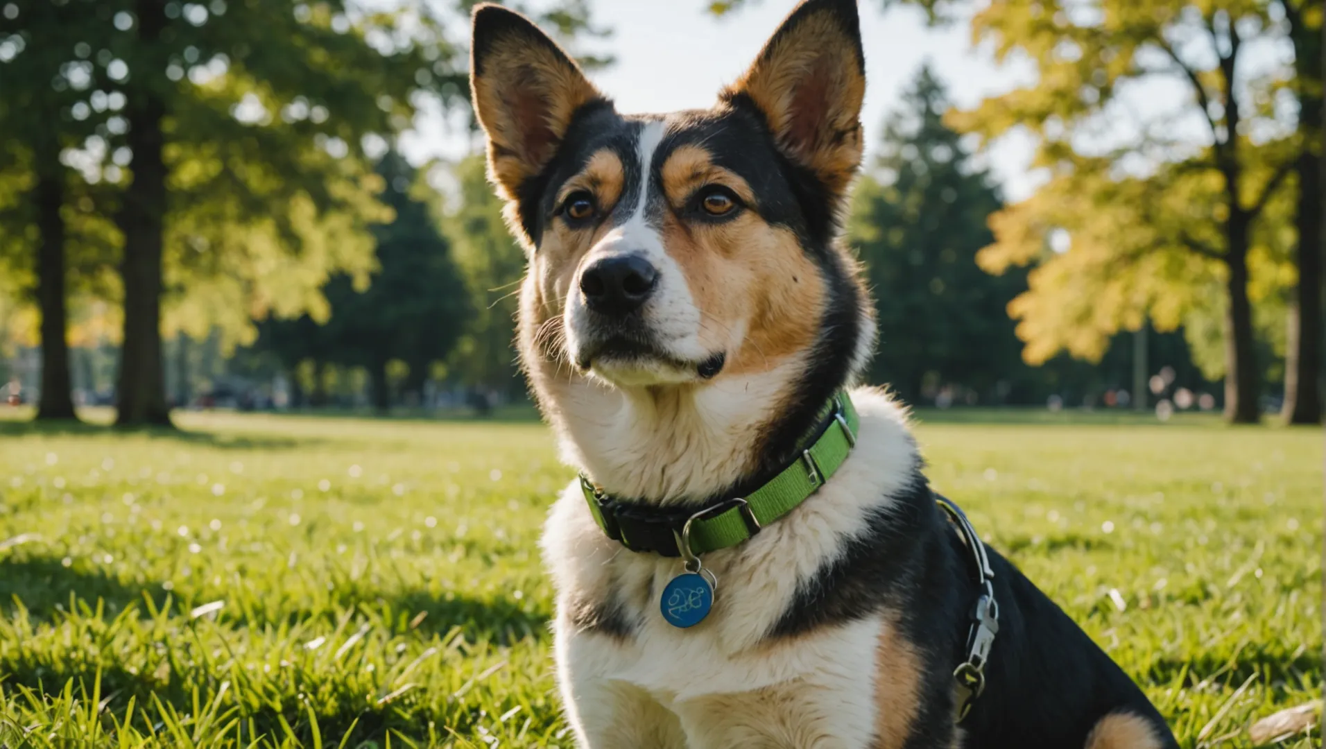 Un perro con collar y AirTag en un parque.