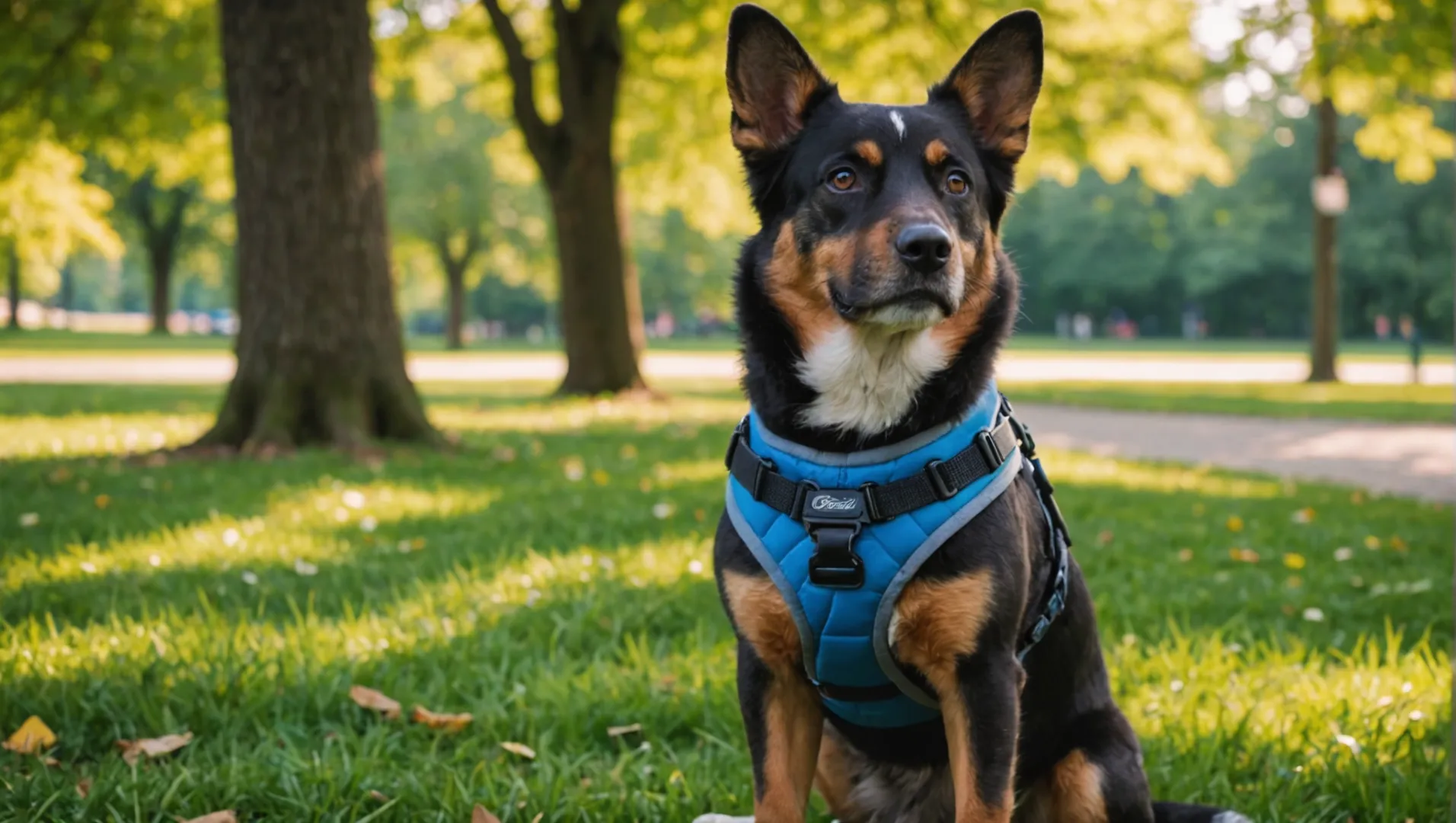 Un perro con arnés colocado en un parque