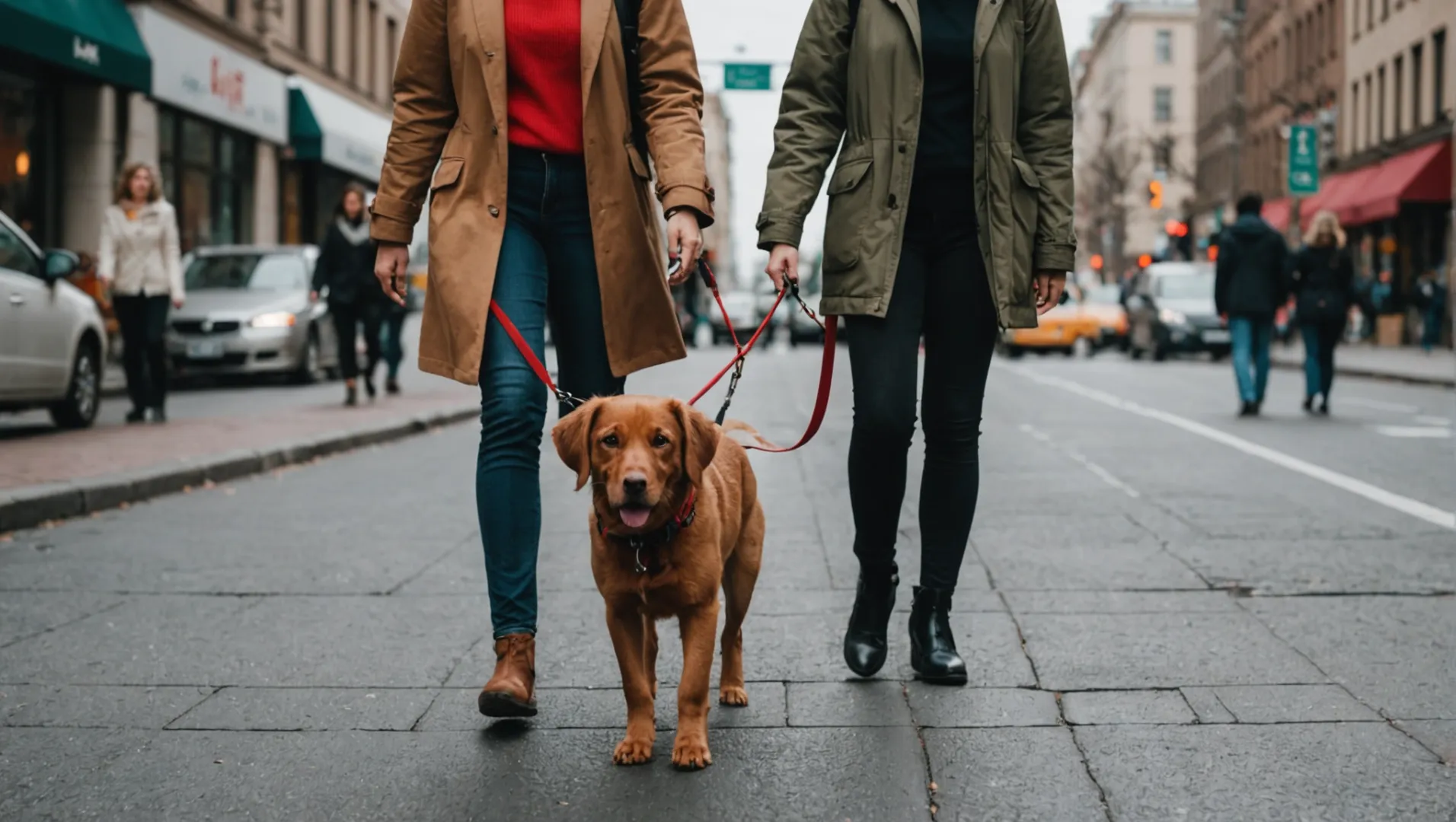Perro con correa elástica en una calle concurrida
