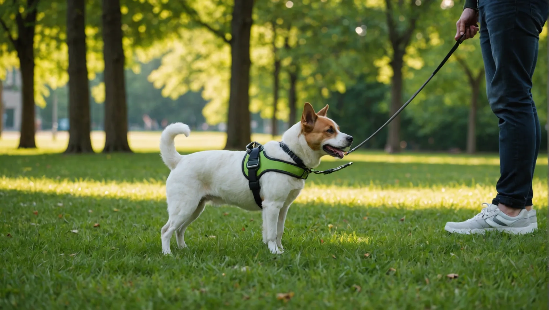 Un chien en laisse rétractable dans un parc