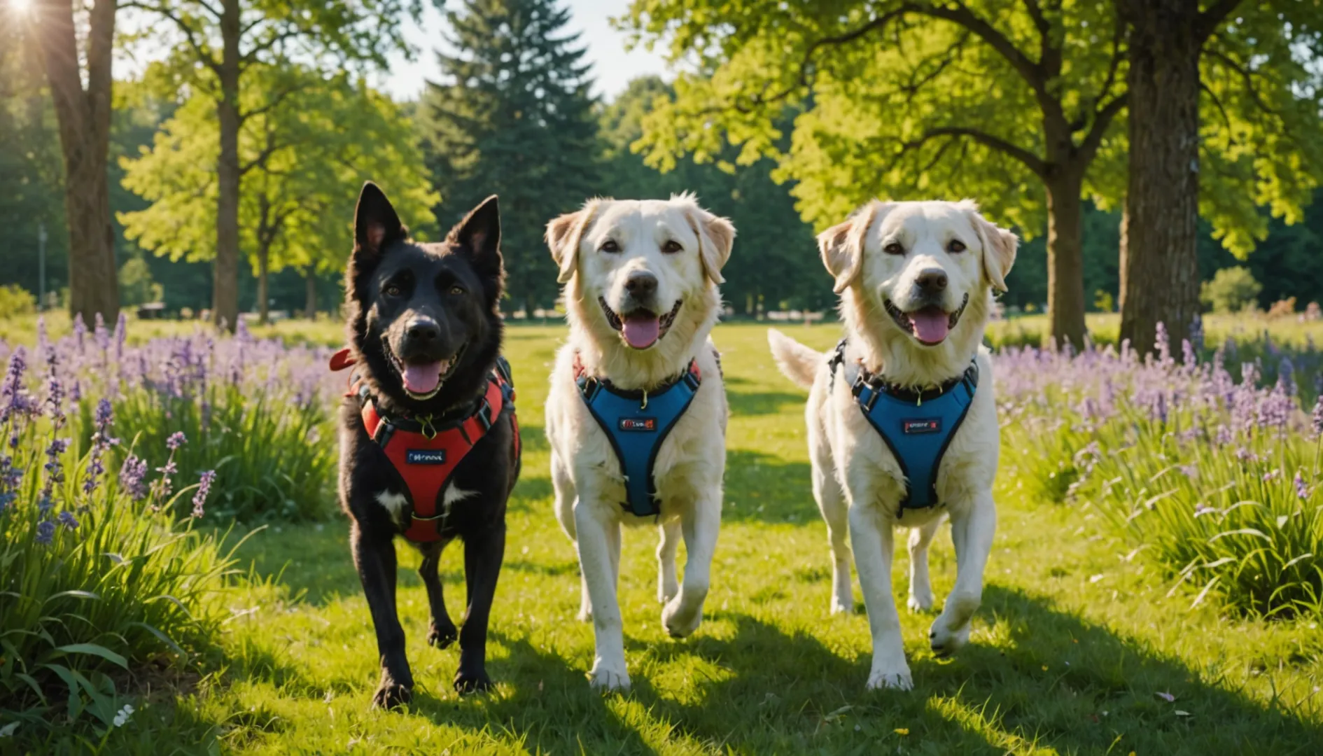 Deux chiens se promenant dans un parc ensoleillé