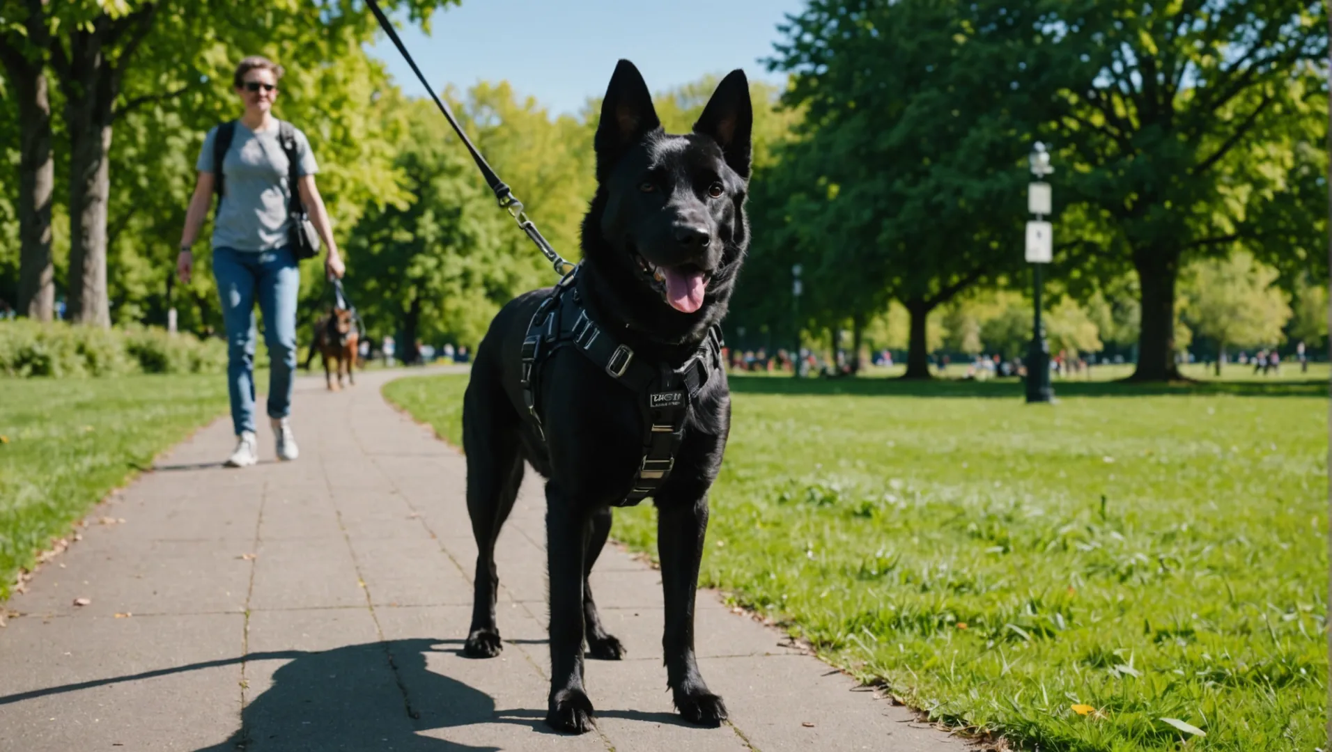 Dog wearing a dual-clip harness on a walk with owner