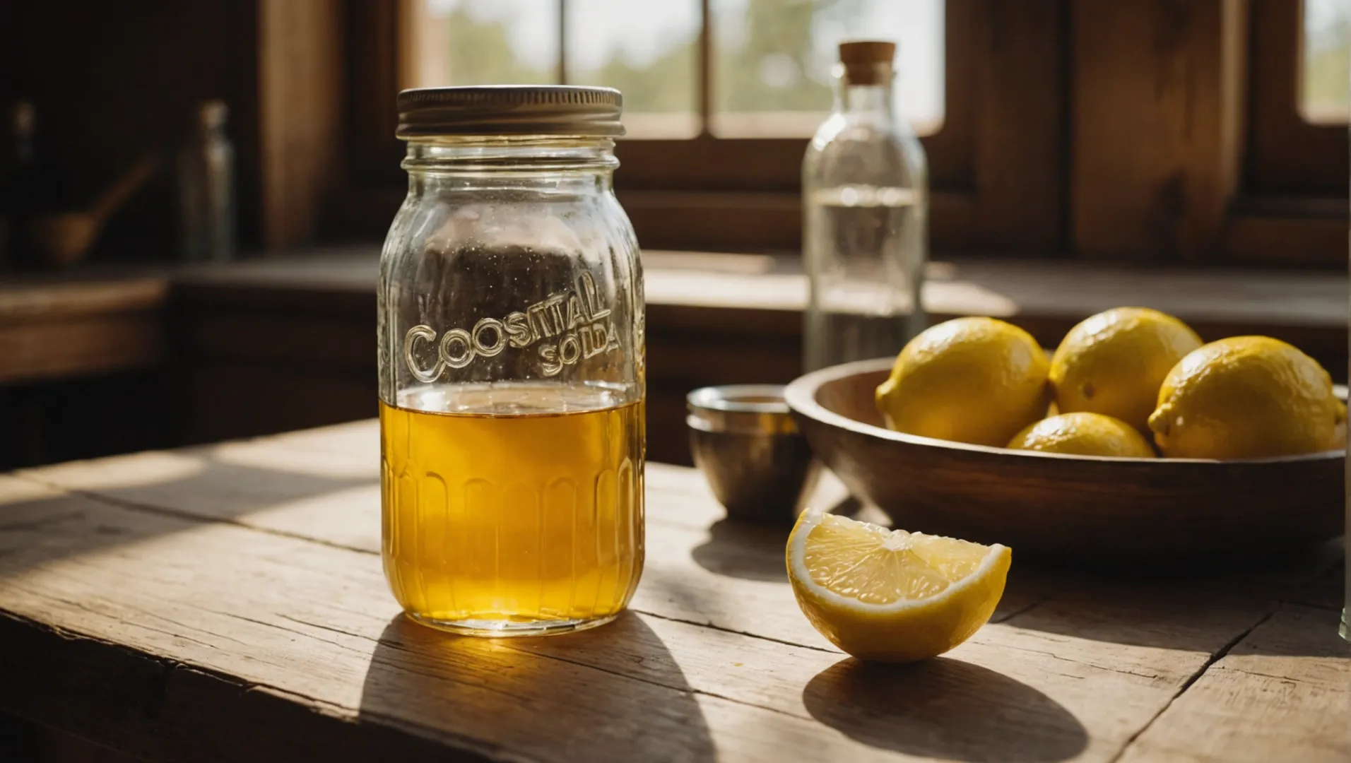 Ingredienti naturali per la pulizia come aceto, bicarbonato di sodio e succo di limone su un tavolo di legno.