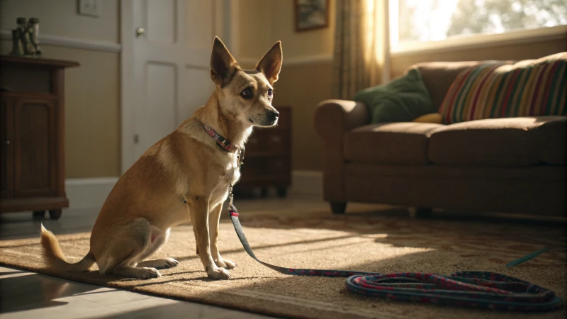 Ein mittelgroßer Hund, der in einem gemütlichen Wohnzimmer ängstlich dreinschaut