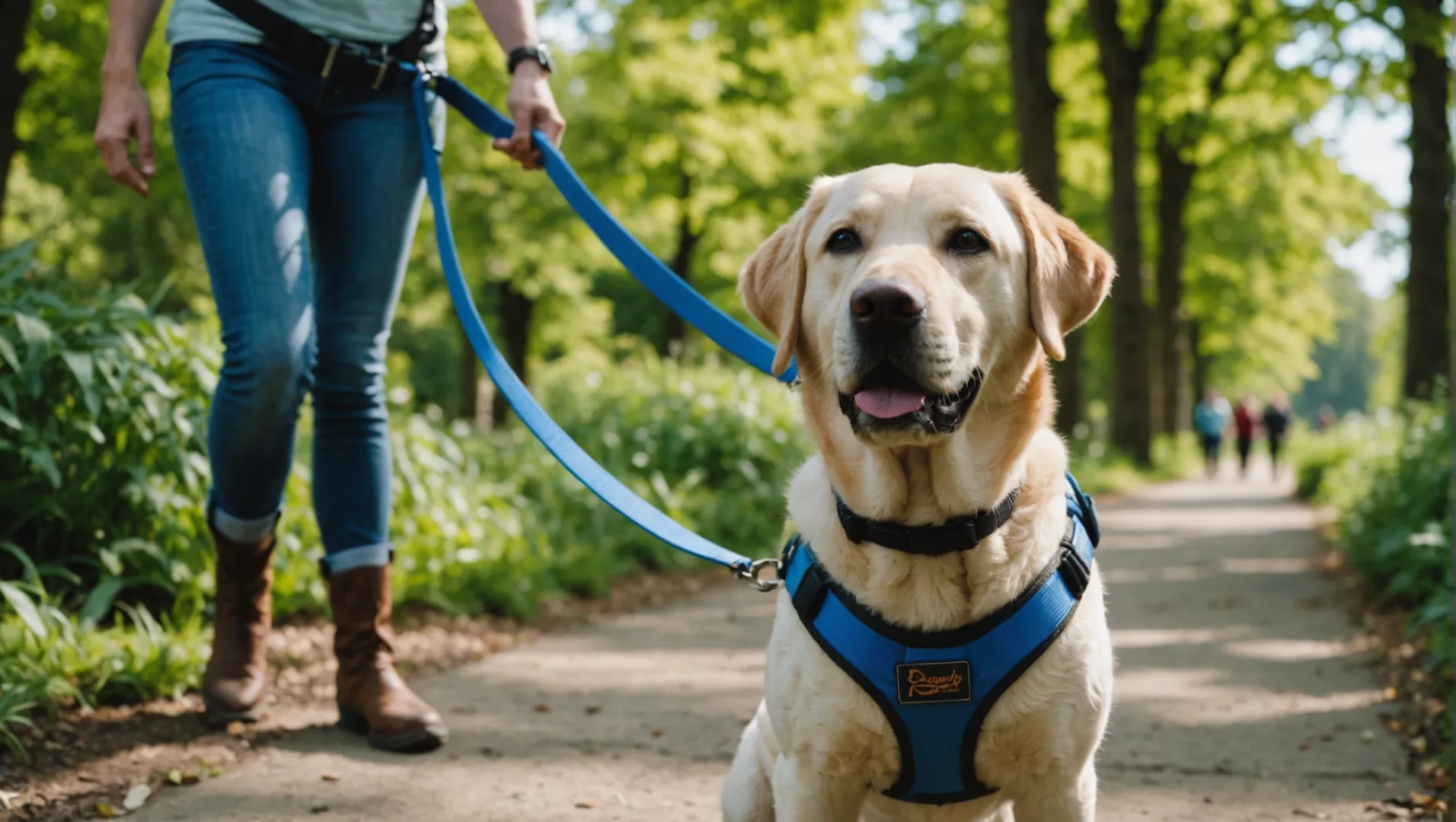 Dog wearing a front-clip harness being walked by owner