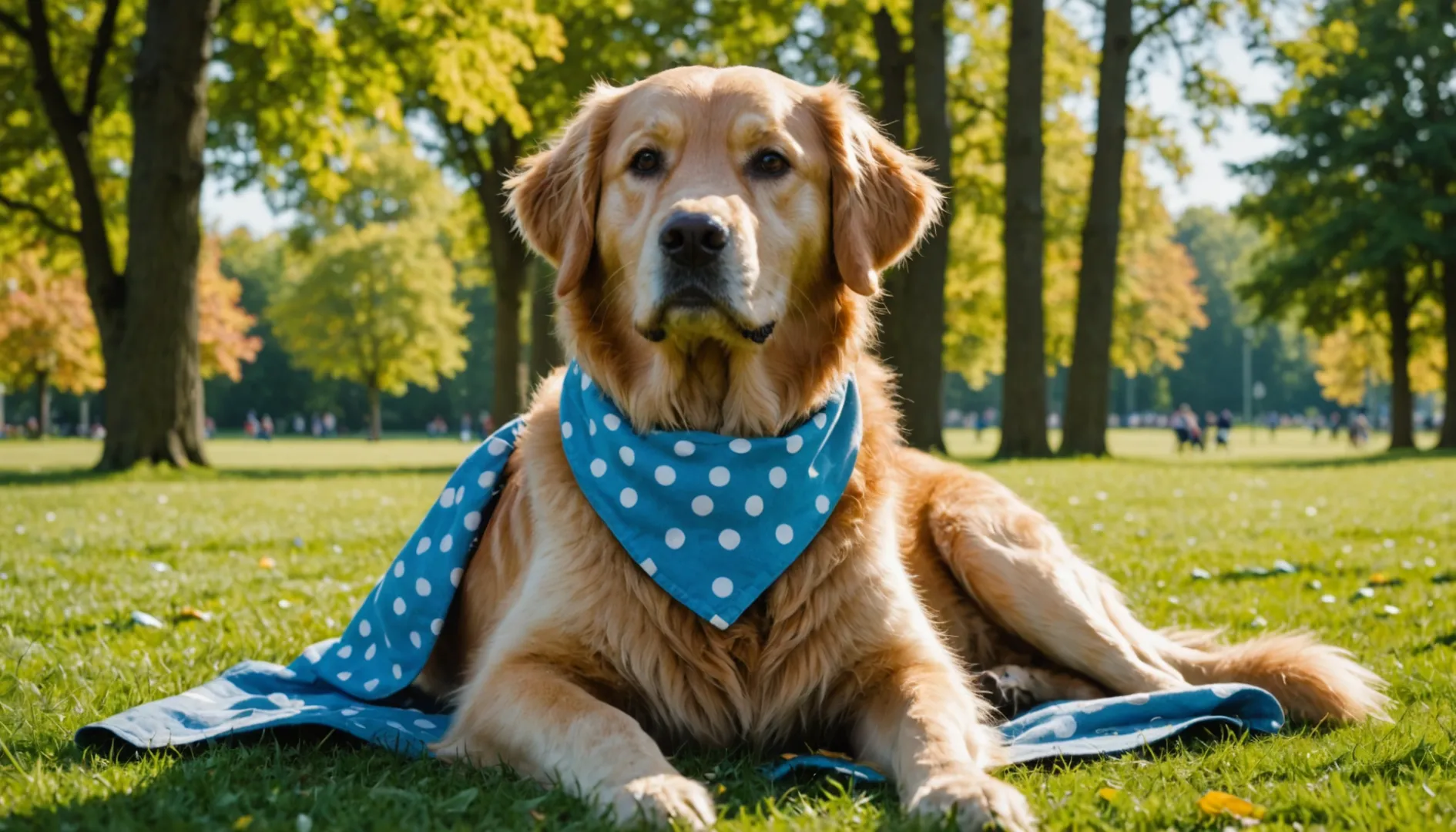 Golden retriever avec bandana bleu assis sur l'herbe verte