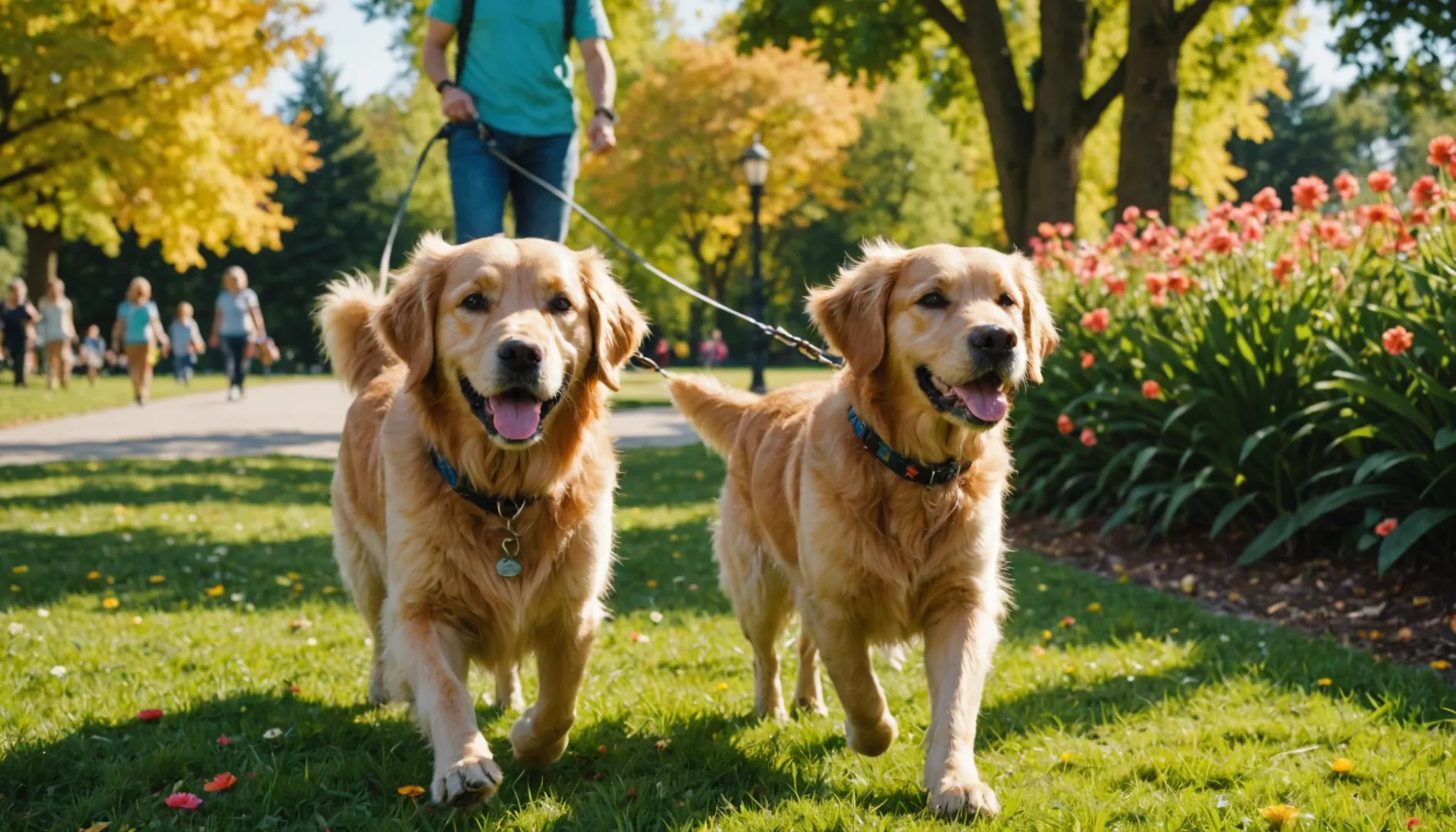 Un golden retriever explorando un parque con su dueño cerca.