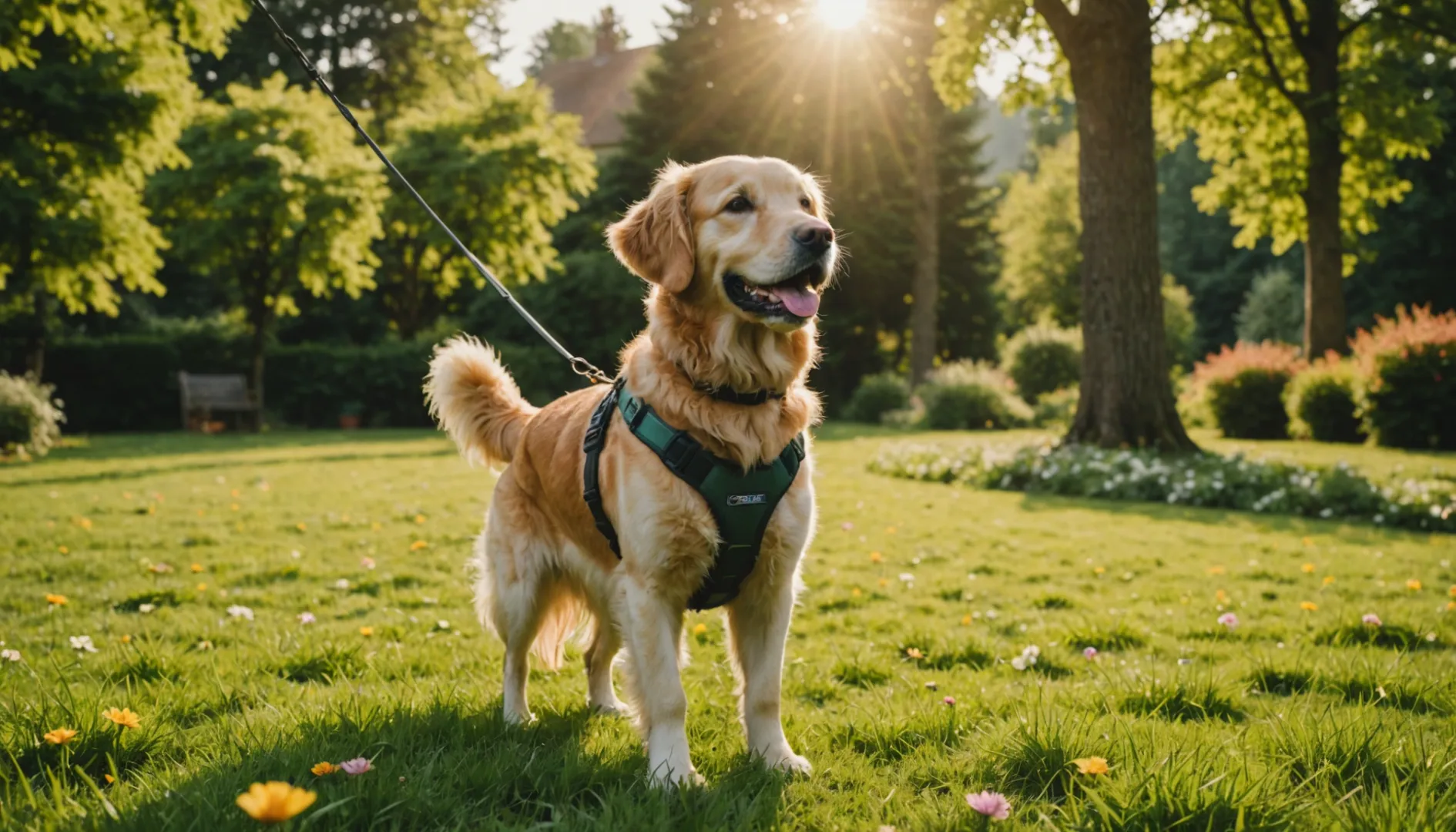 Golden retriever en un jardín con flores y luz solar