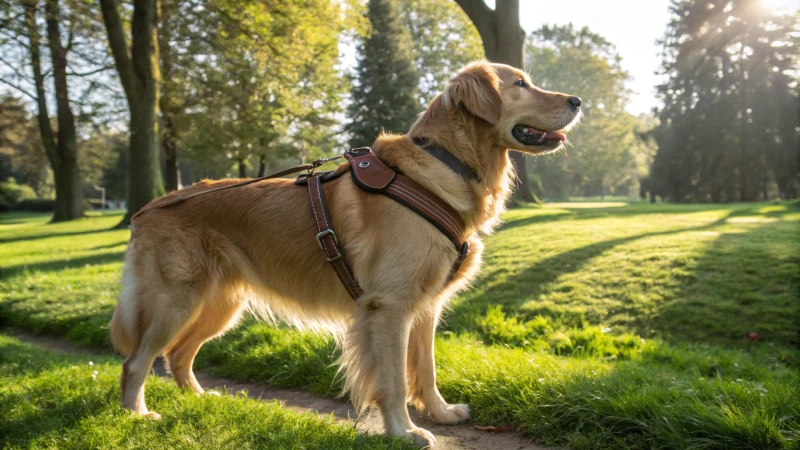 Golden retriever dans un harnais en cuir marron dans un parc ensoleillé