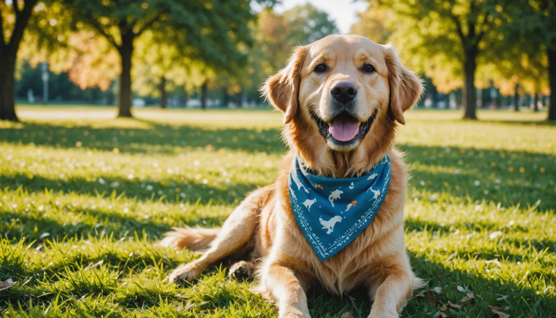 Un golden retriever joyeux assis sur de l'herbe verte avec un bandana coloré.