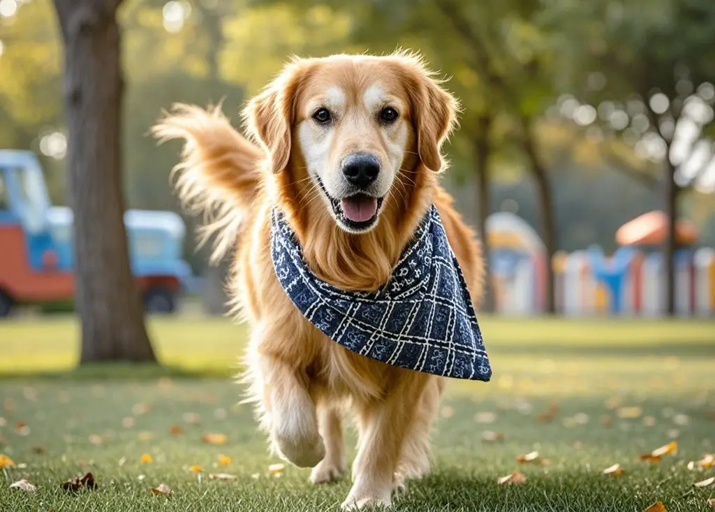 Un golden retriever heureux dans un parc, portant un bandana bleu.