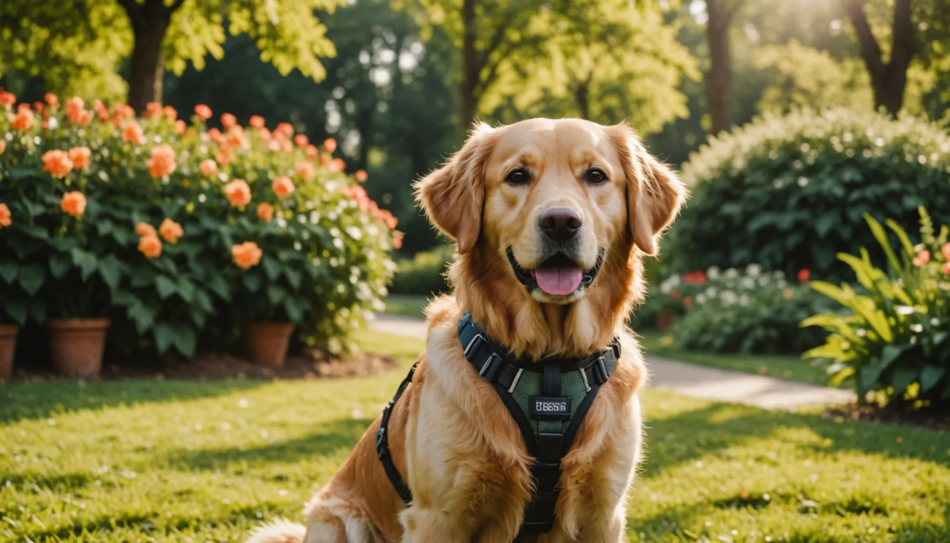 Un golden retriever feliz en un parque con arnés