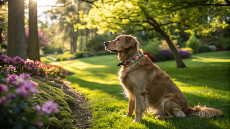 Ein mittelgroßer Hund in einem grünen Park mit einem Martingal-Halsband