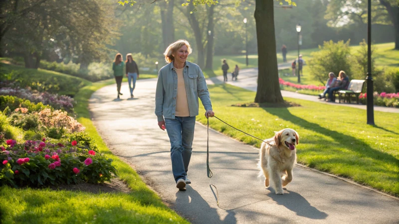 Une personne promenant un golden retriever dans un parc ensoleillé