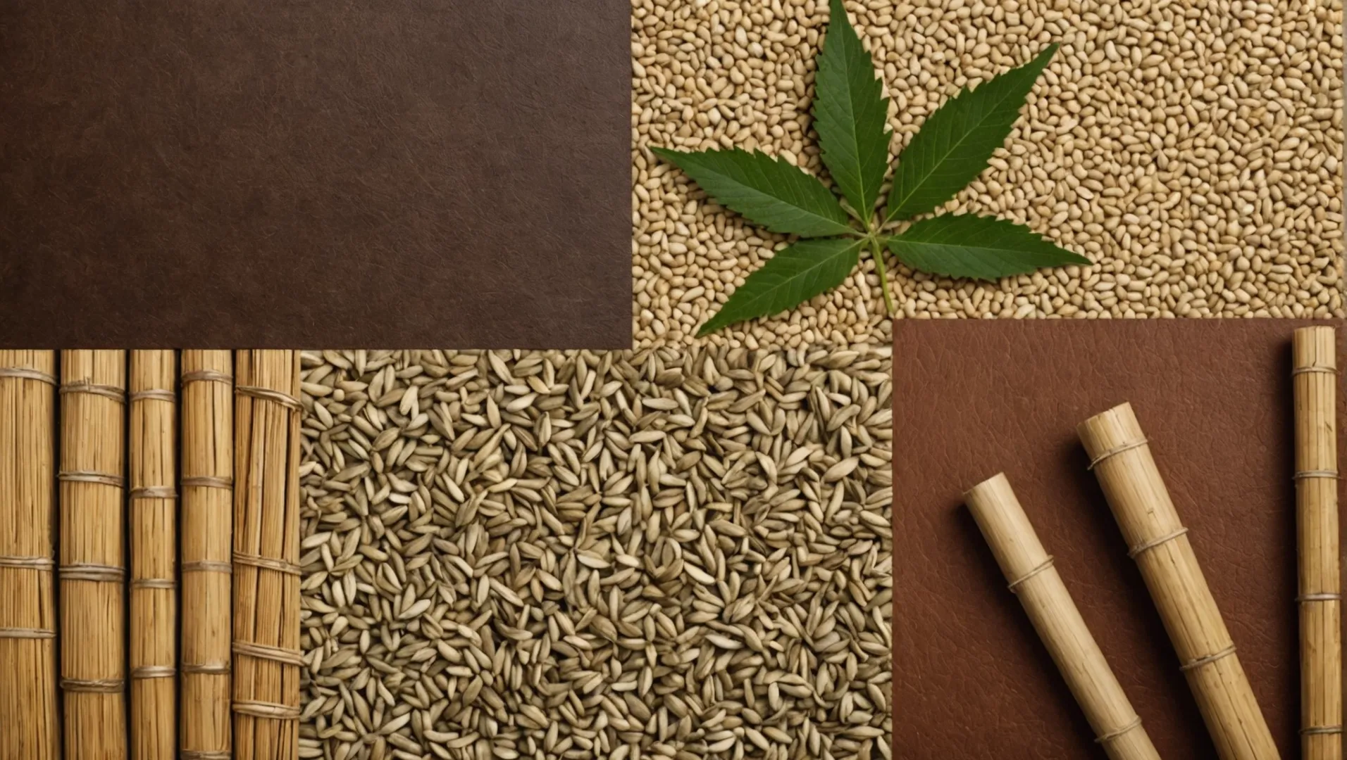 A collage showing hemp, leather, organic cotton, and bamboo materials with labels.