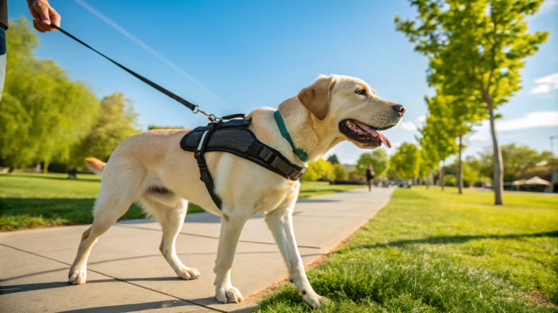 Un labrador harnaché se promenant avec son propriétaire dans un parc.
