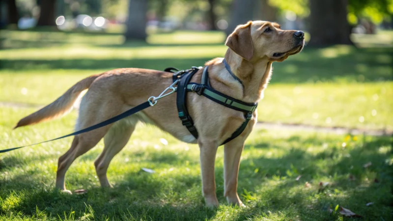 Un chien de race Labrador portant un harnais dans un parc