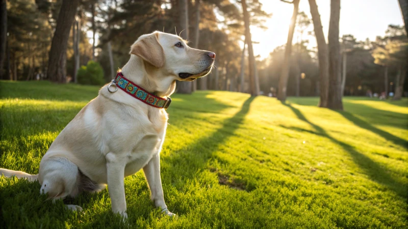 Ein Labrador Retriever sitzt im Gras in einem sonnigen Park