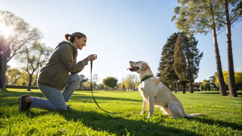 Entrenamiento de un perro labrador en un parque soleado