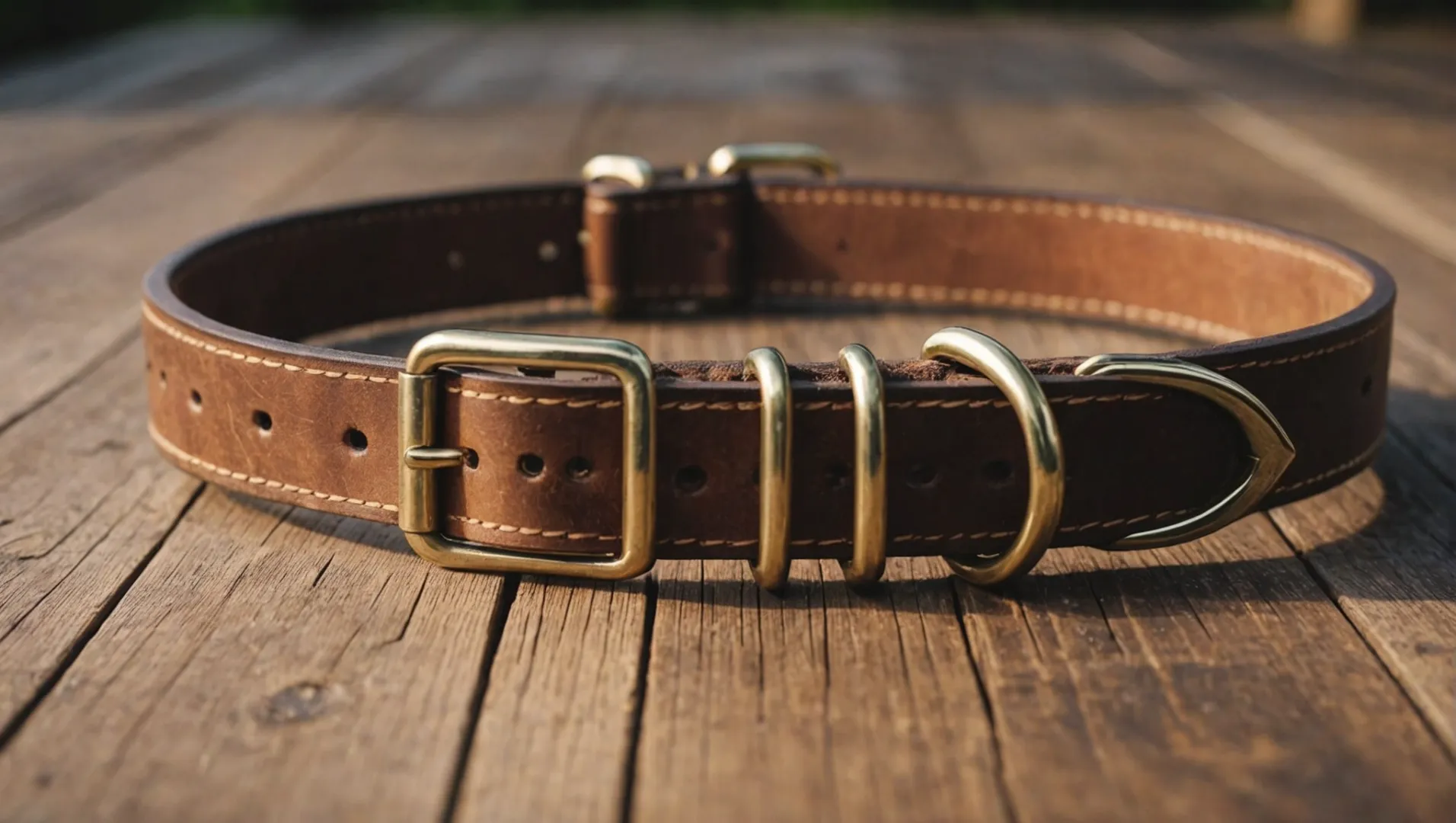 A brown leather dog collar with brass hardware on a wooden table