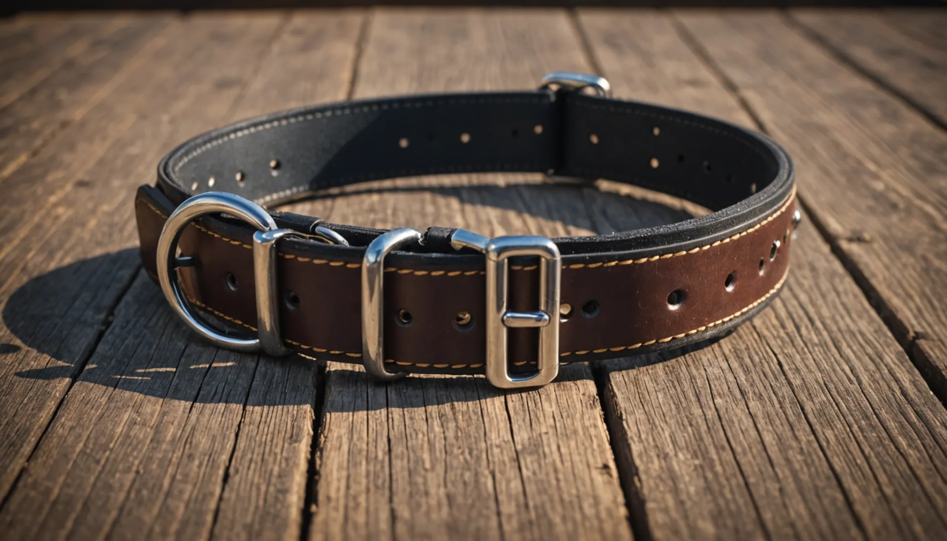 Primer plano de un collar de perro de cuero y nylon sobre madera
