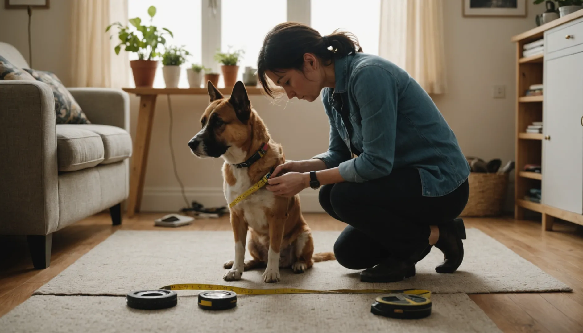 Person misst den Hals eines Hundes mit einem Maßband für ein Halsband