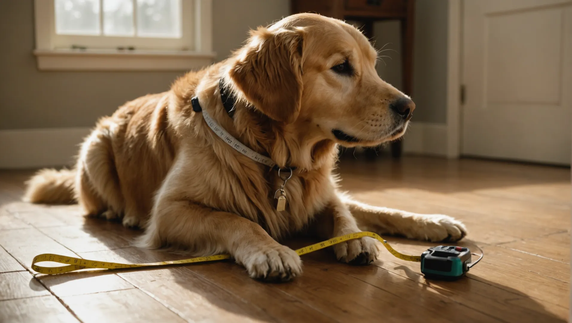 Persona midiendo el cuello de un perro con una cinta métrica suave