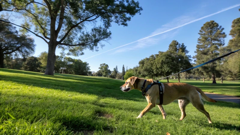 Un chien de taille moyenne avec un harnais se promenant dans un parc ensoleillé