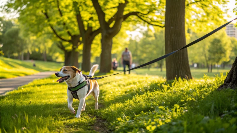 Un chien de taille moyenne portant un harnais se promenant dans un parc par une journée ensoleillée.