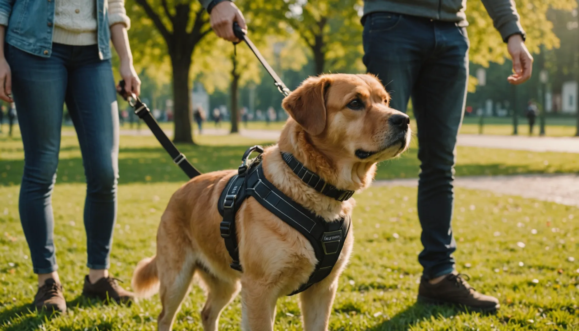 Un chien de taille moyenne portant un harnais à pinces avant se tient à côté de son maître dans un parc ensoleillé.