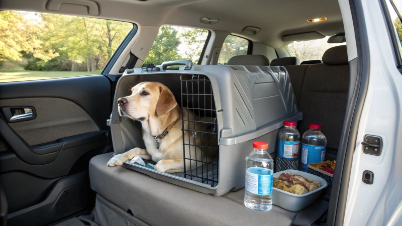 Un chien de taille moyenne dans une caisse de transport dans une voiture