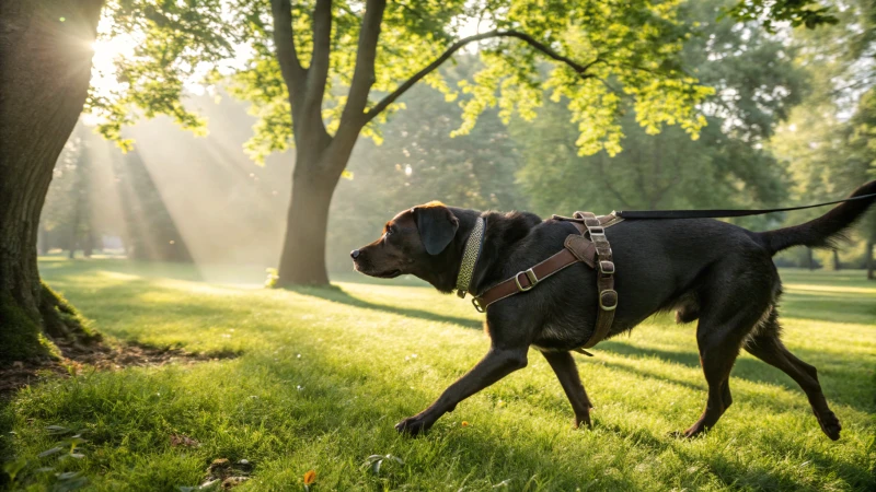 公園を散歩する革のハーネスをつけた中型犬