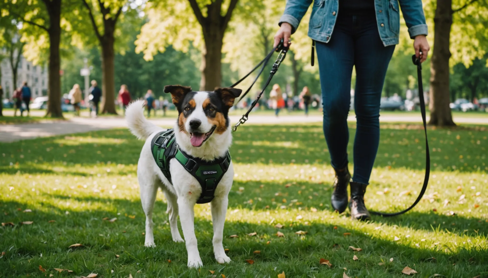 Un chien de taille moyenne portant un harnais à pinces avant se promène avec son maître dans un parc ensoleillé.