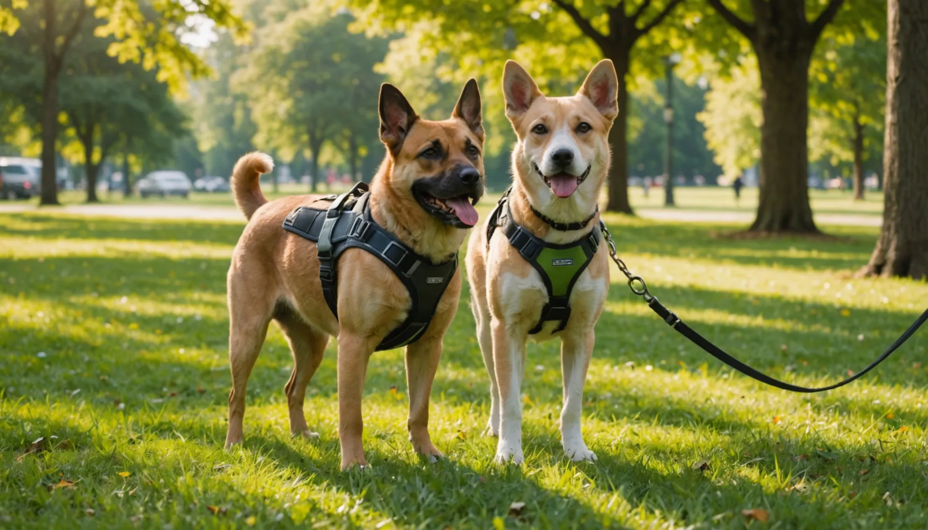 Un chien de taille moyenne portant un harnais à pinces avant se promène à côté de son maître dans un parc ensoleillé.