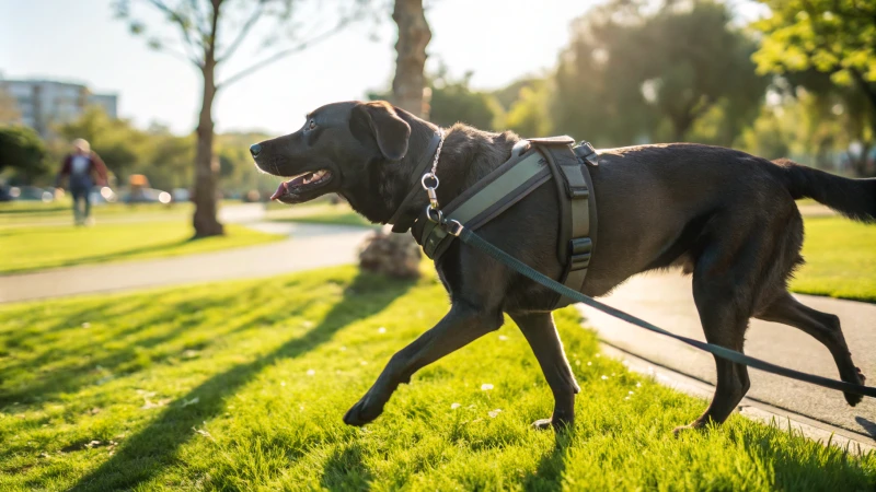 Ein mittelgroßer Hund beim Spaziergang in einem sonnigen Park