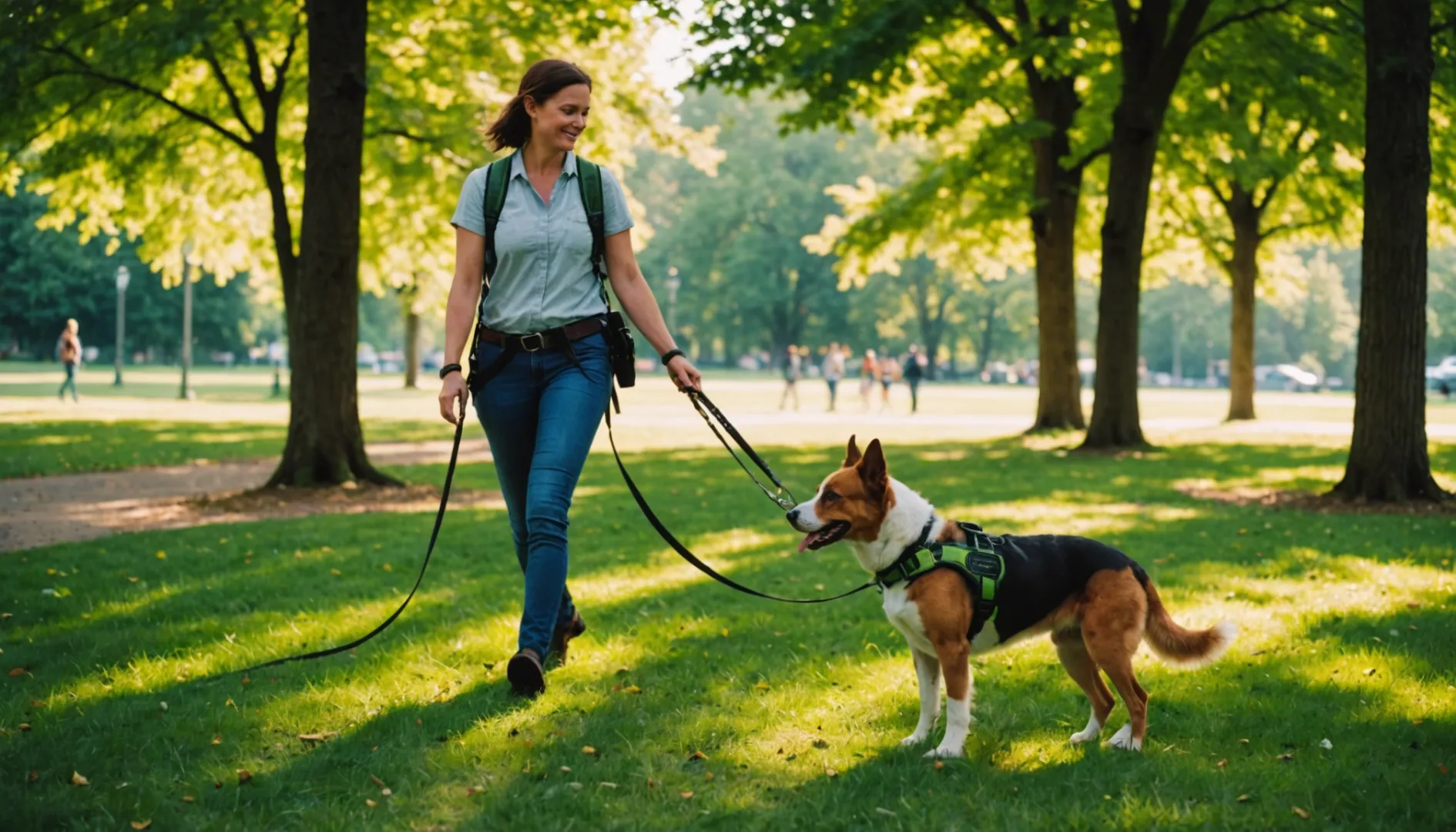 Un chien de taille moyenne portant un harnais se promène avec son maître dans un parc ensoleillé.