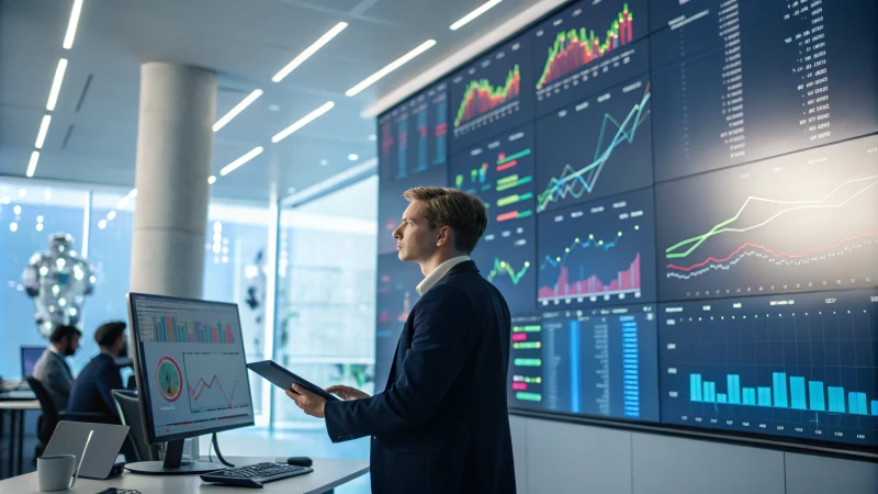 Professionnel analysant les données d'une étude de marché sur un écran numérique