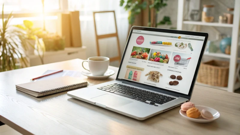 Un espace de travail moderne avec un ordinateur portable présentant un magasin de produits pour animaux.