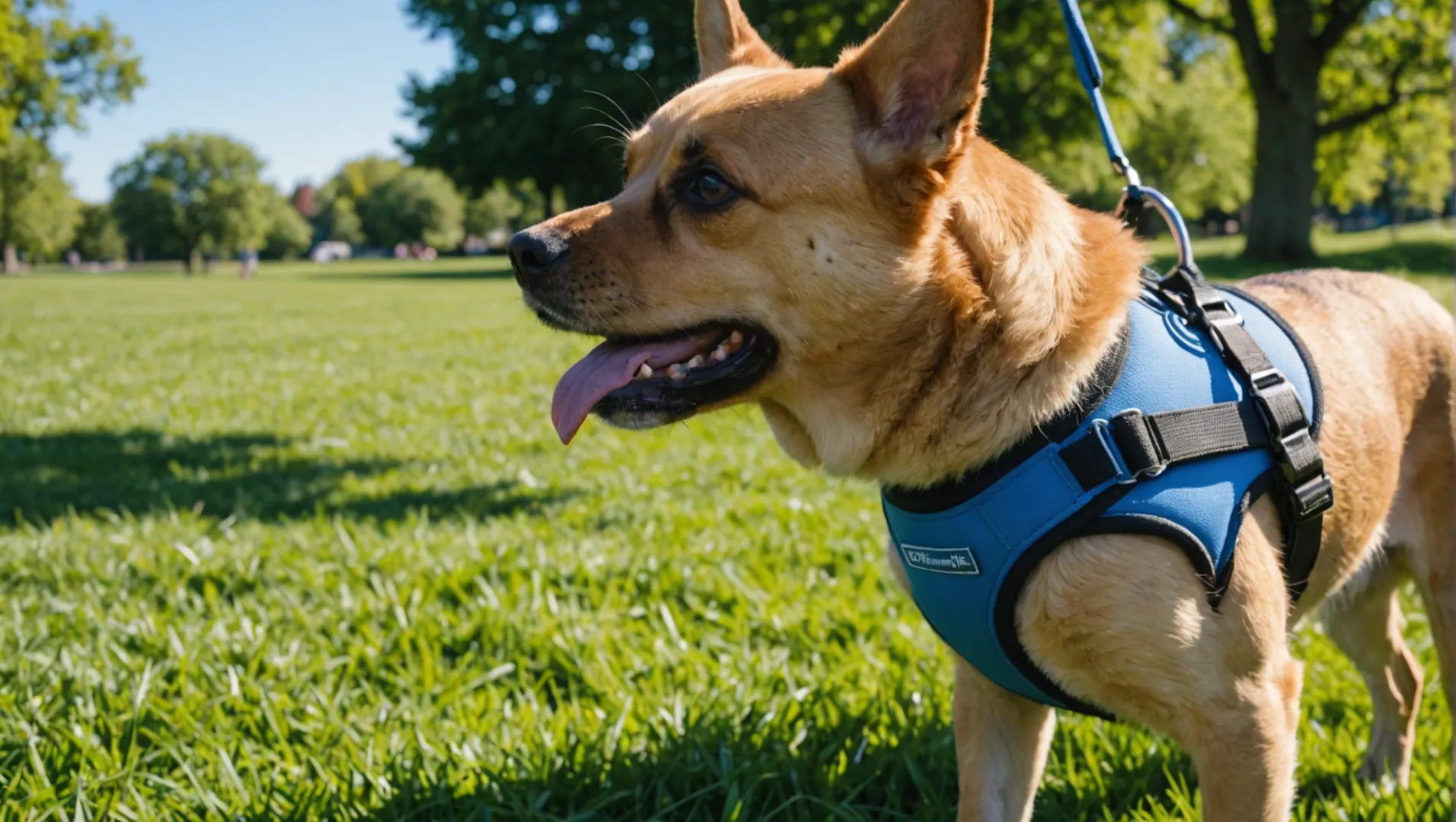 Cane che indossa una pettorina in neoprene blu in una giornata di sole all'aperto