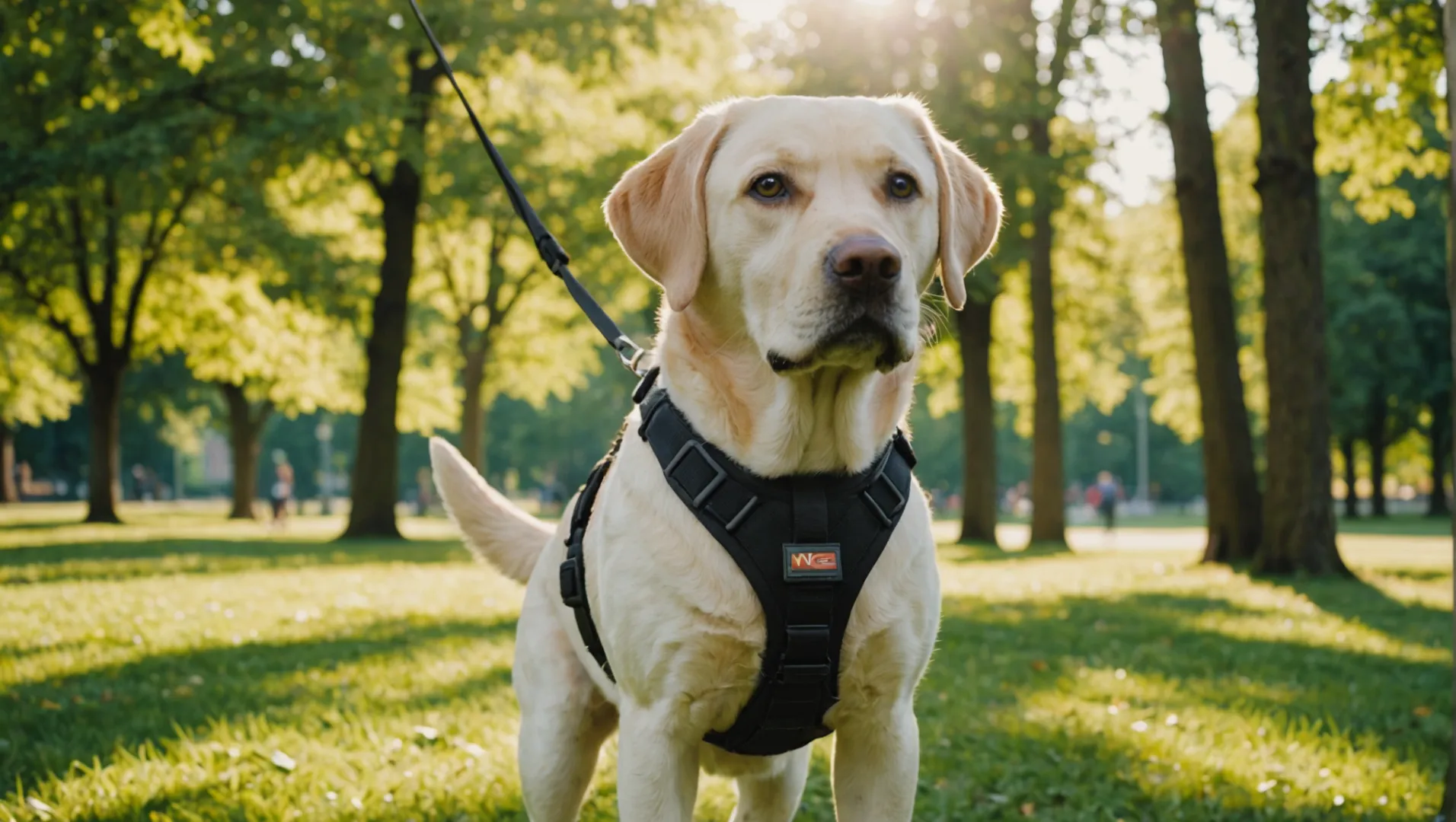 Perro con arnés antitirones en un parque